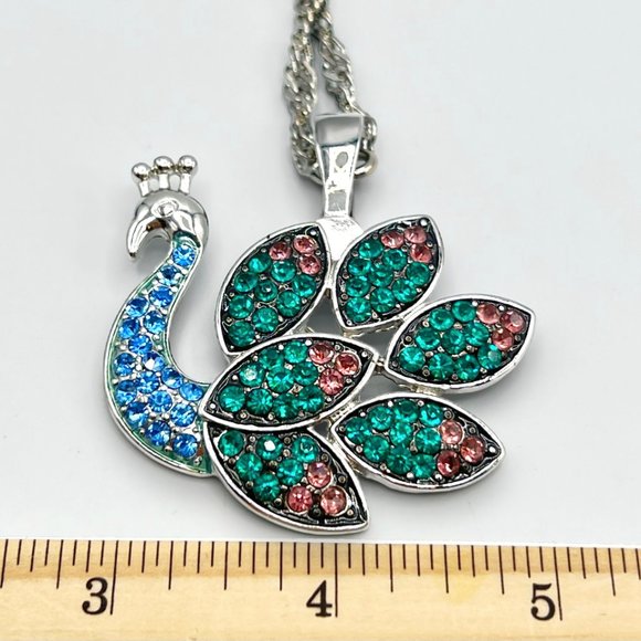 RMN Roman Signed HUGE Green/Blue/Pink Rhinestone PEACOCK Bird Pendant Necklace - Picture 8 of 10